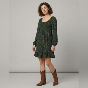 Blumind XL Boho Paisley Smocked Bodice Ruffle Hem Mini Dress Green Nature Floral